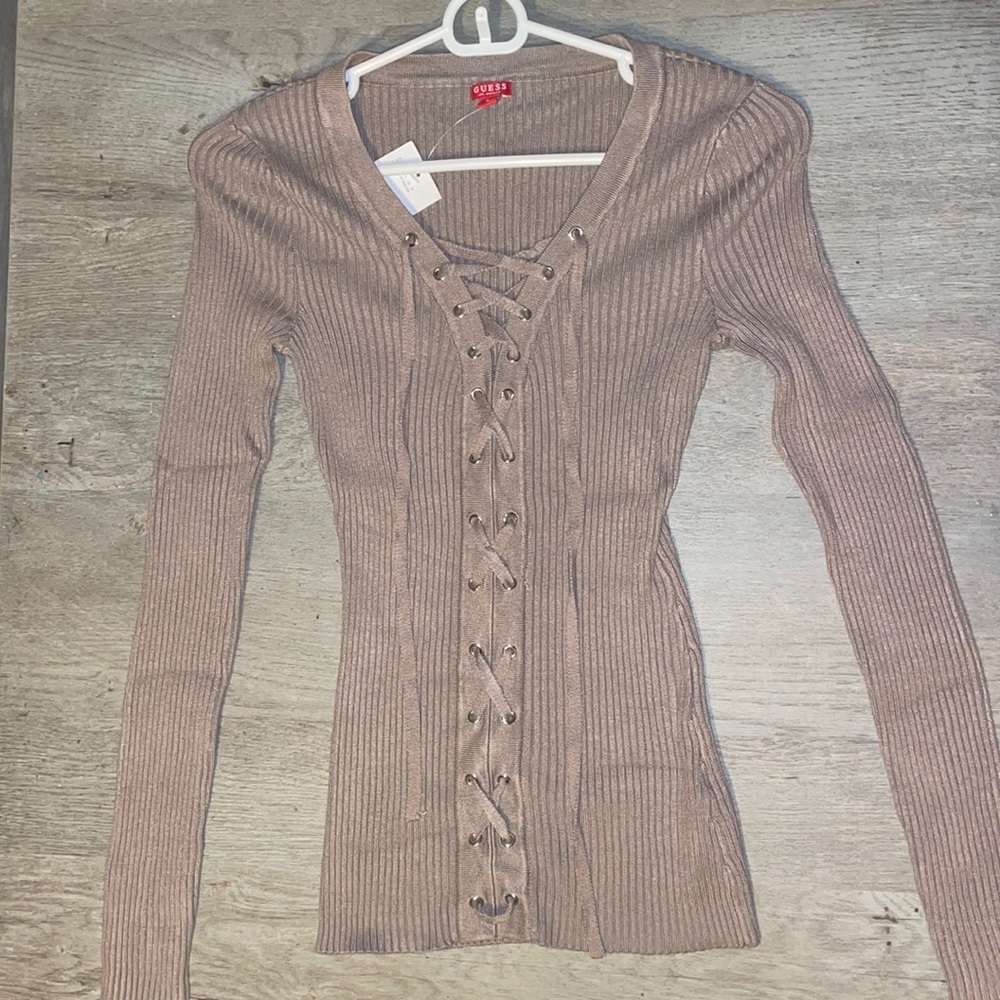Taupe, ribbed, lace-up v-neck sweater by Guess